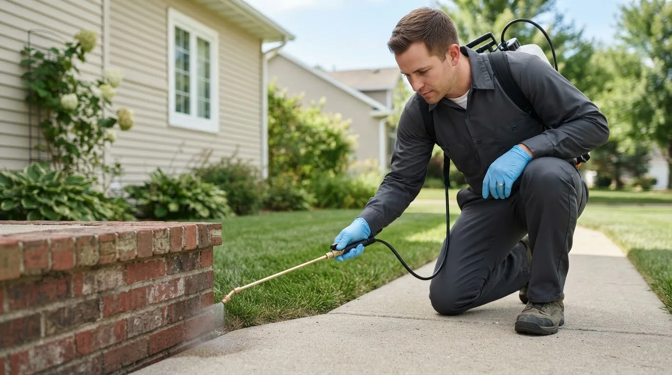 Pest control technician treating a home near Alden, MN
