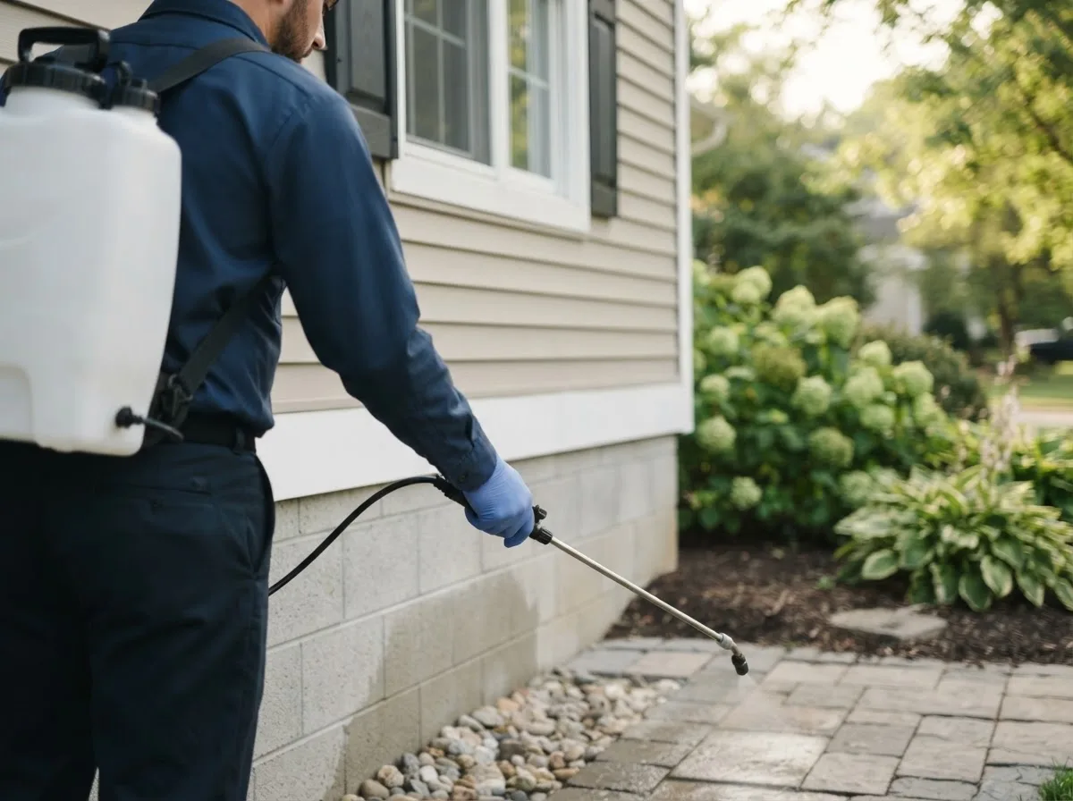 Pest control technician inspecting a home in Alden, MN